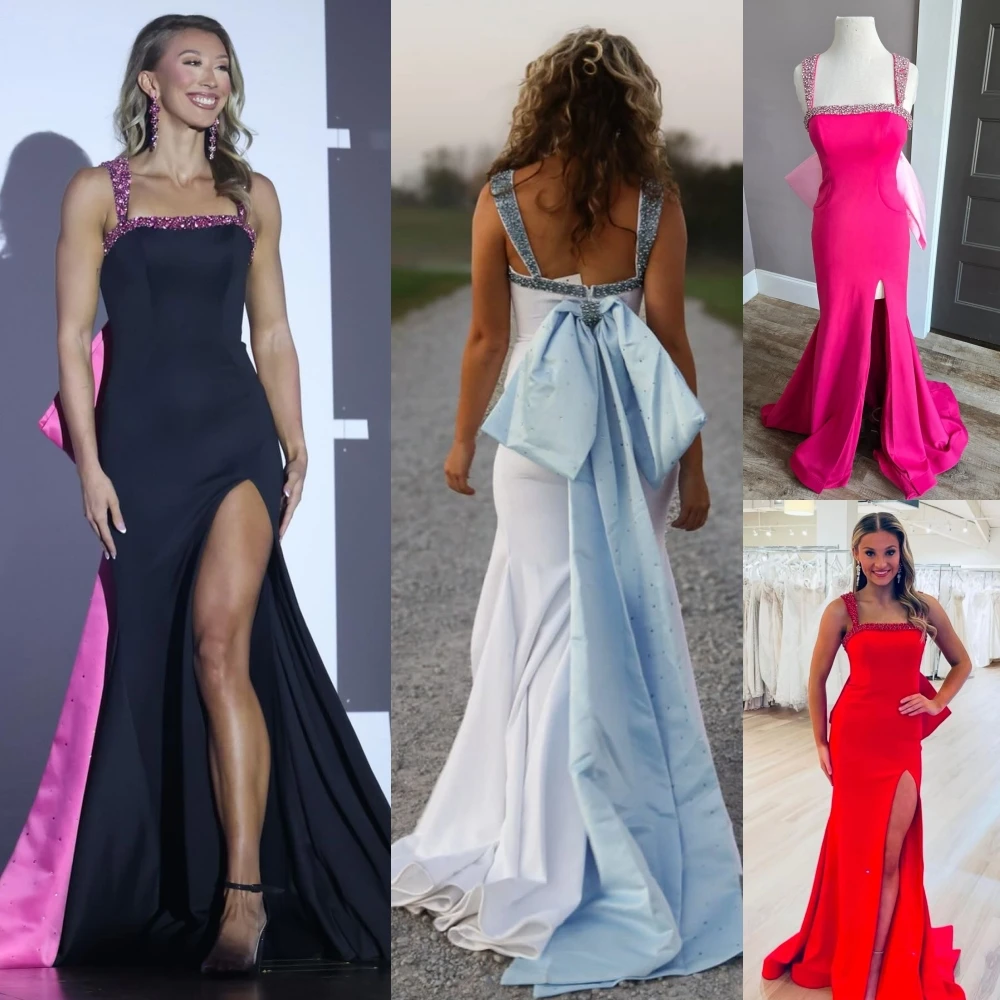 Vestido de noche de 2 tonos en contraste, lazo grande en la espalda, negro, rosa intenso, largo, ajustado, para fiesta de graduación, boda, desfile, Gala, alfombra roja personalizada