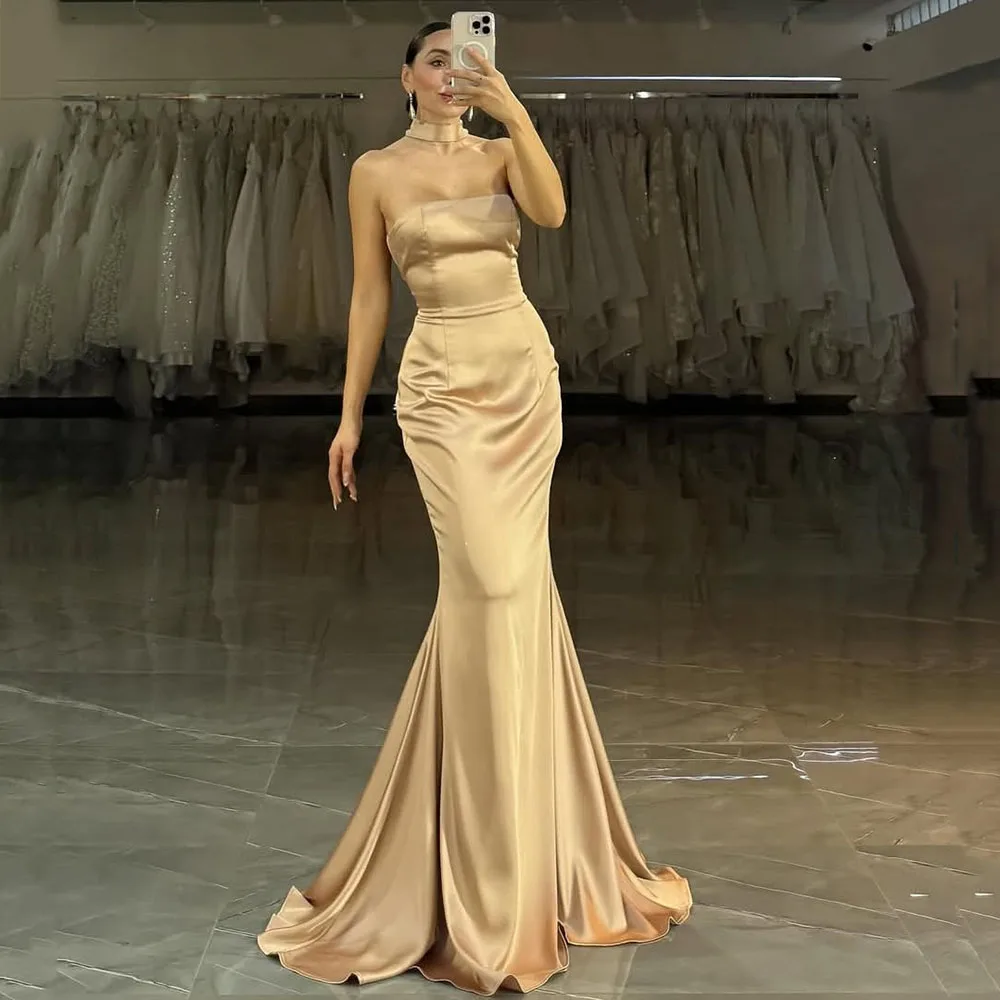 

Msikoods Customized Elegant Champagne Satin Evening Gown Strapless Mermaid Prom Dress Simple Formal Dress Party Gown for Women