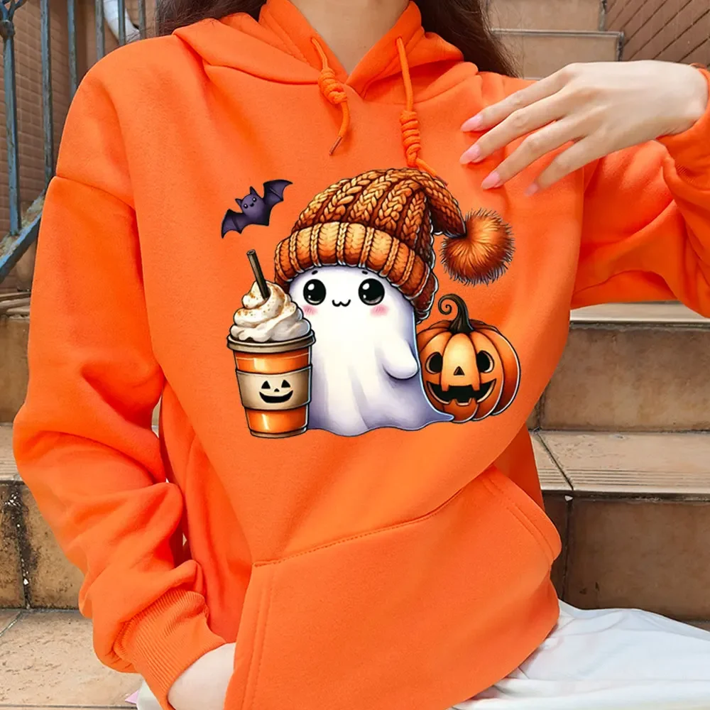 Halloween Orange Hoodies Kawaii Ghost Halloween Ladies Long Sleeve Sweatshirt Cute Halloween Bat Print Autumn and Winter Hoodie