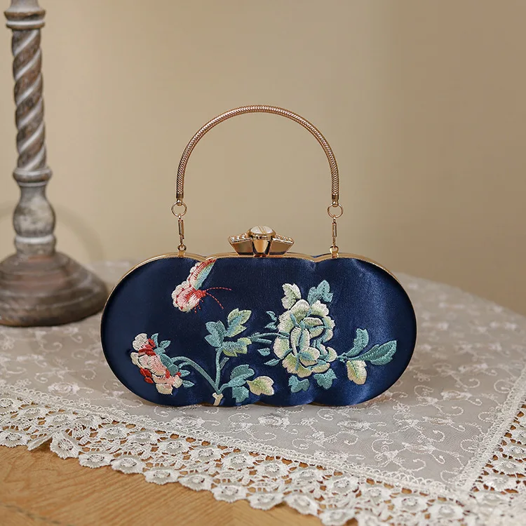 Elegant Vintage Blue Small Clutches Handbag For Women Fashion Fine Floewr Embroidery Prom Party Dress Evening Bags Shoulder Bag