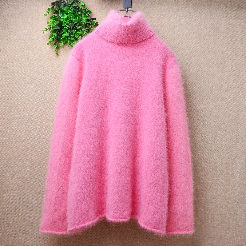 Women Mujer Autumn Winter Hairy Mink Cashmere Knitted Long Sleeves Turtleneck Long Sleeves Slim Blouses Pullover Sweater Jumper