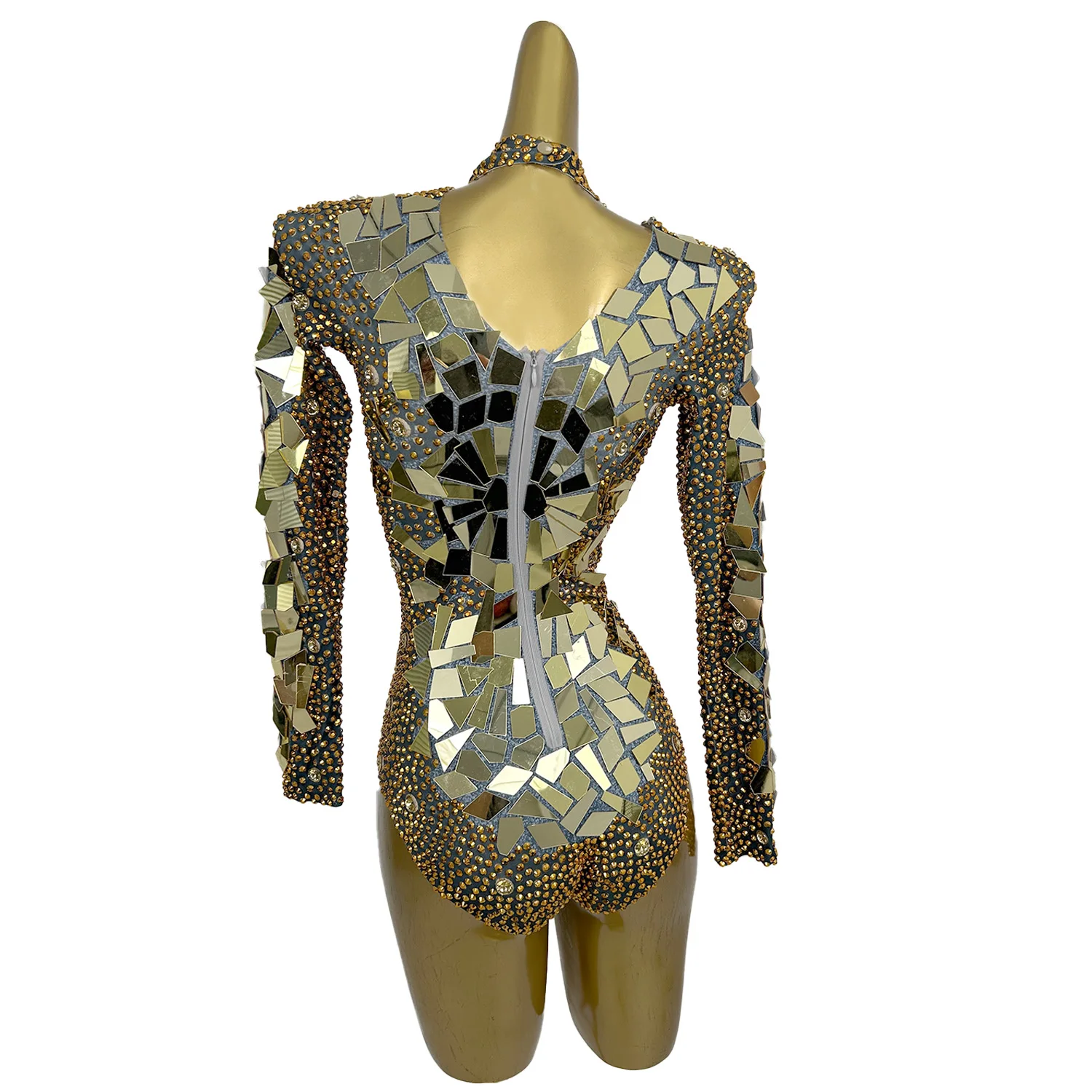 Classic Nightclub Stage Performance Showgirl Sexy Wear Sparkly Mirrors Rhinestone Bodysuit Party Outfit Tight Bodysuit Jinpingzi