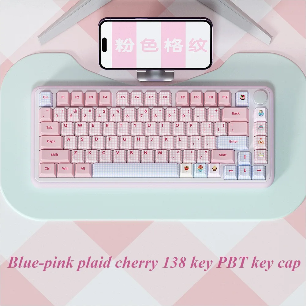 Keyboard Caps, Blue Pink Checkered, Cherry 138 Keys PBT for Cherry MX 104/87/61 Mechanical Keyboard Accessories