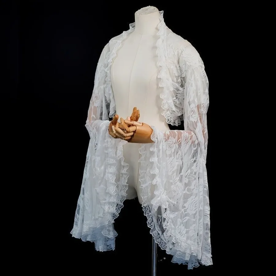 Gothic Classic Lace Cover Up Women Mesh Top See Through Long Flare Sleeve Ruffle Y2k Shawl Rave Evening Party Festival Outerwear