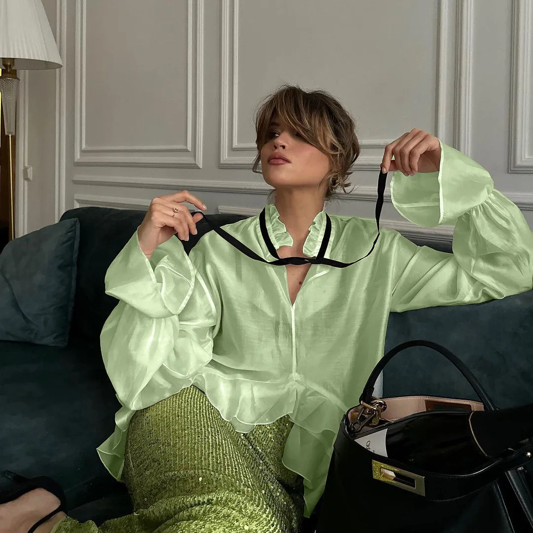 Clothland Women Sweet Ruffled Oversized Shirt Loose Style Flare Sleeve Loose Shirt See Through Tops Mujer LB274