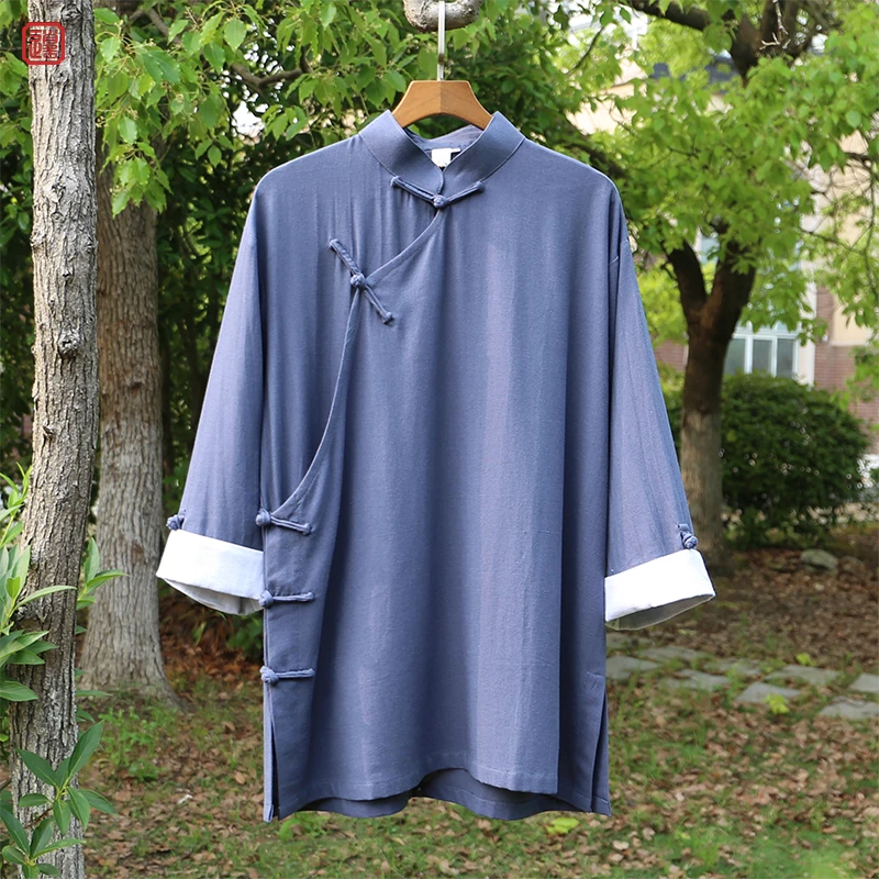 

Loose Fit Linen ort Sve Men's irt Vintage Sle Button up Thin Fabric F-Sve Tang Costume Youth Trend Summer Top