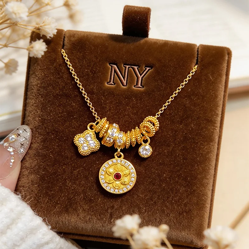 

Изысканное ретро-кольцо из золота 9999 пробы (24K) с бриллиантами и маленьким компасом, цепочка на ключицу для женщин