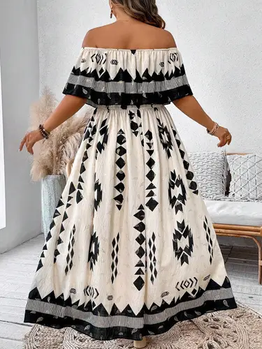 Imagen 2 del producto 【Tamaño grande】 Vestido con hombros descubiertos y estampado de almazuela, vestido informal de manga larga a la moda para uso diario al aire libre, ropa de mujer más para