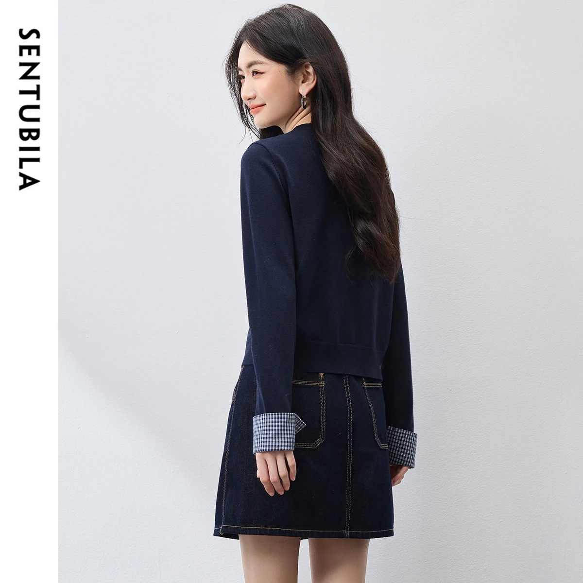 SENTUBILA Patchwork 2 in 1 Cardigan for Women 2025 Autumn Commuting Contrast Color Long Sleeve Knitwear Ladies Tops W53H80430