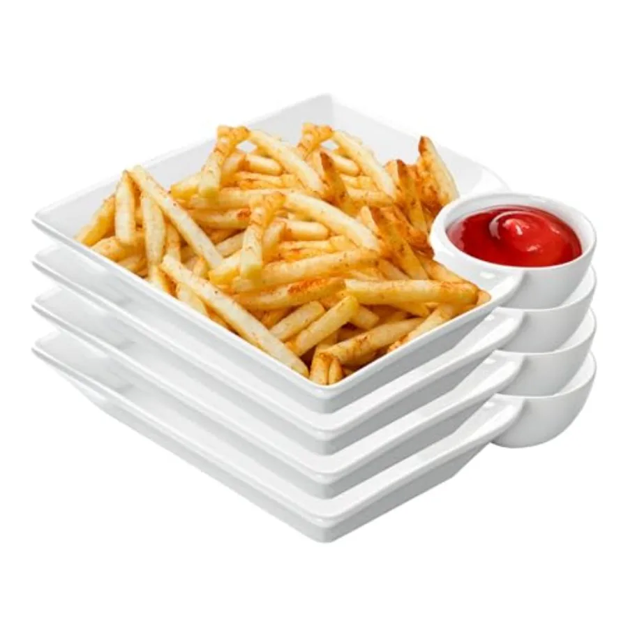 Chip and Dip Serving Platter Set of 4-8 Inch Ceramic Divided Plates with Sauce Compartment, Food-Safe Snack Plate for Dumpling,