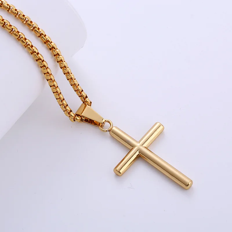 Women Mens Smooth Cross Pendant Necklace Simple Fashion Gold Stainless Steel Box Rolo Chain Jewelry for Friends Boyfriends Gift