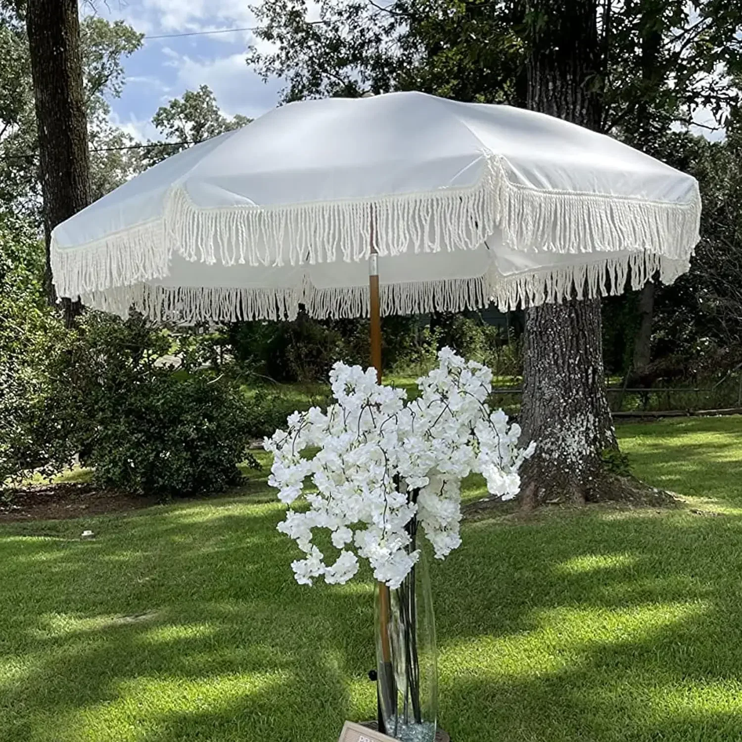 

#For 7ft Patio Umbrella with Fringe Outdoor Tassel Umbrella UPF50+ Premium Steel Pole and Ribs Push Button Tilt, Gazebo&