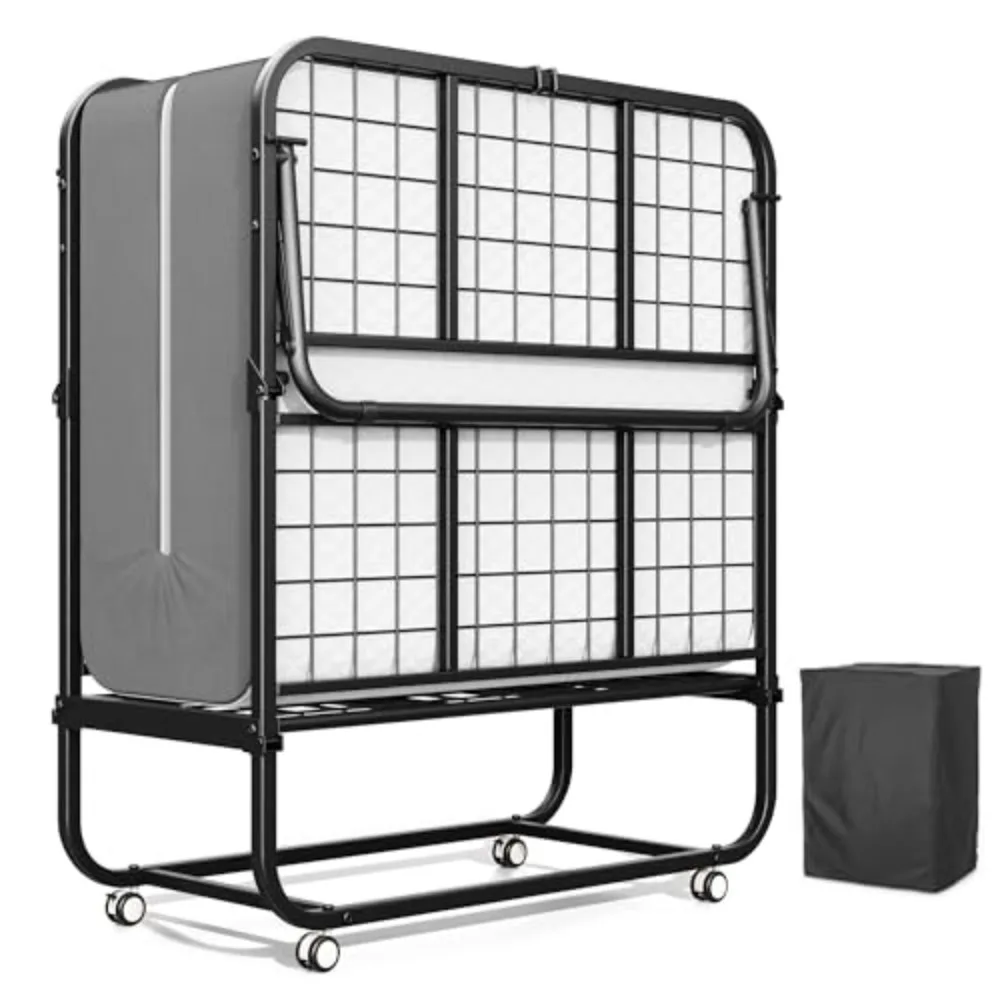 Folding Bed, Single Rollaway Bed for Adults, Space Saving Portable Beds with Lockable Wheels and Mattress, 5