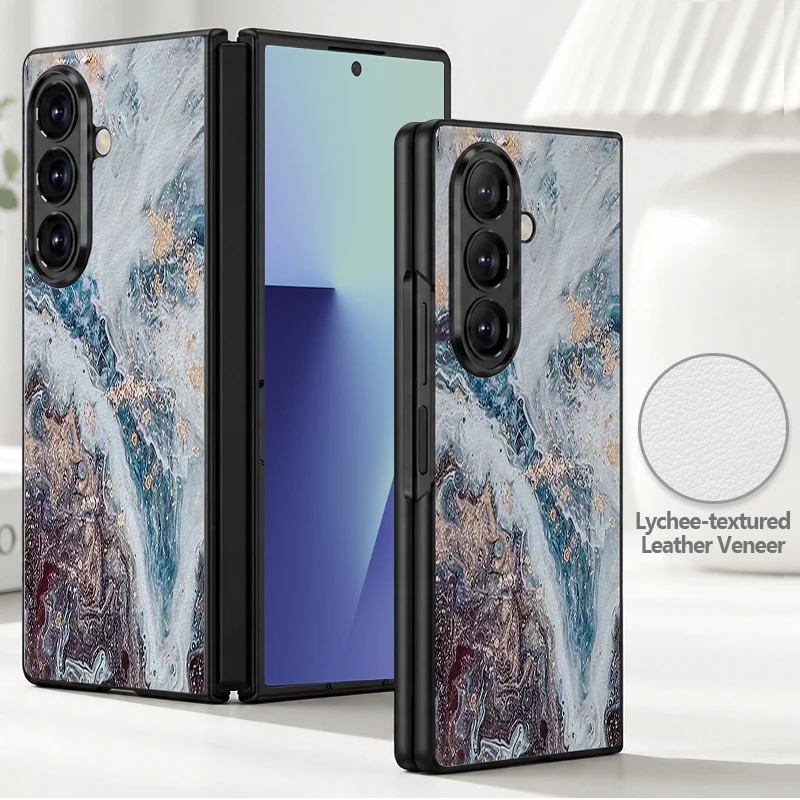 Marble Patterned PU Leather Phone Case For Samsung Galaxy Z Fold8 Fold7 Fold6 Fold5 Fold4 Shockproof Hard PC Frame Folding Cover
