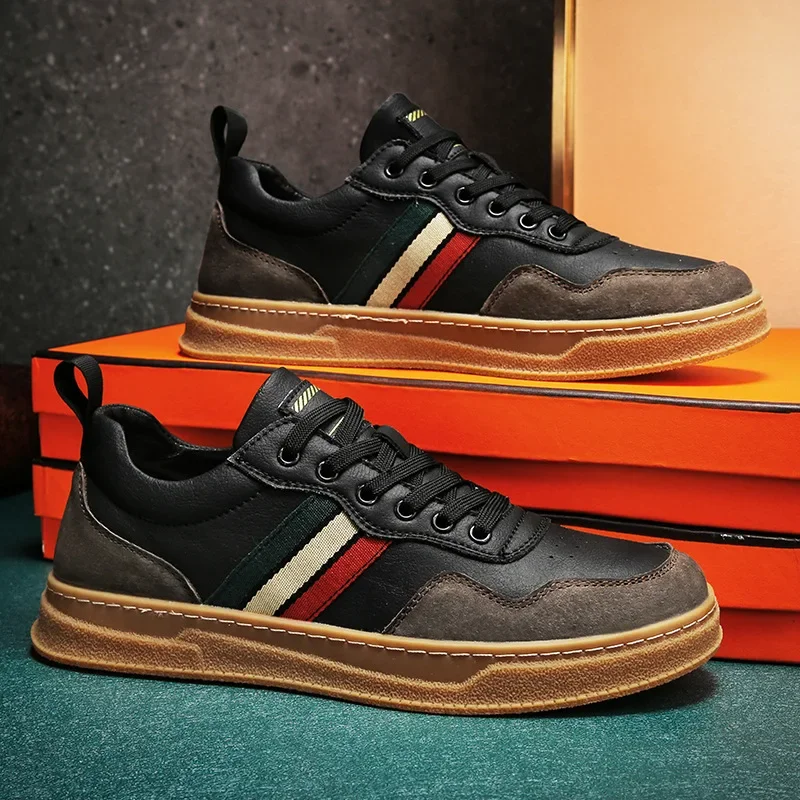 

Brand New Men Genuine Leather Casual Shoes Spring Autumn High End Striped Flat Skate Shoes Young Man Cool Lace-up Sneakers