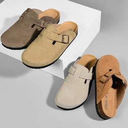 Couples cork bottom slippers commuting half slippers men's first layer of leather Birkenstocks women's trendy