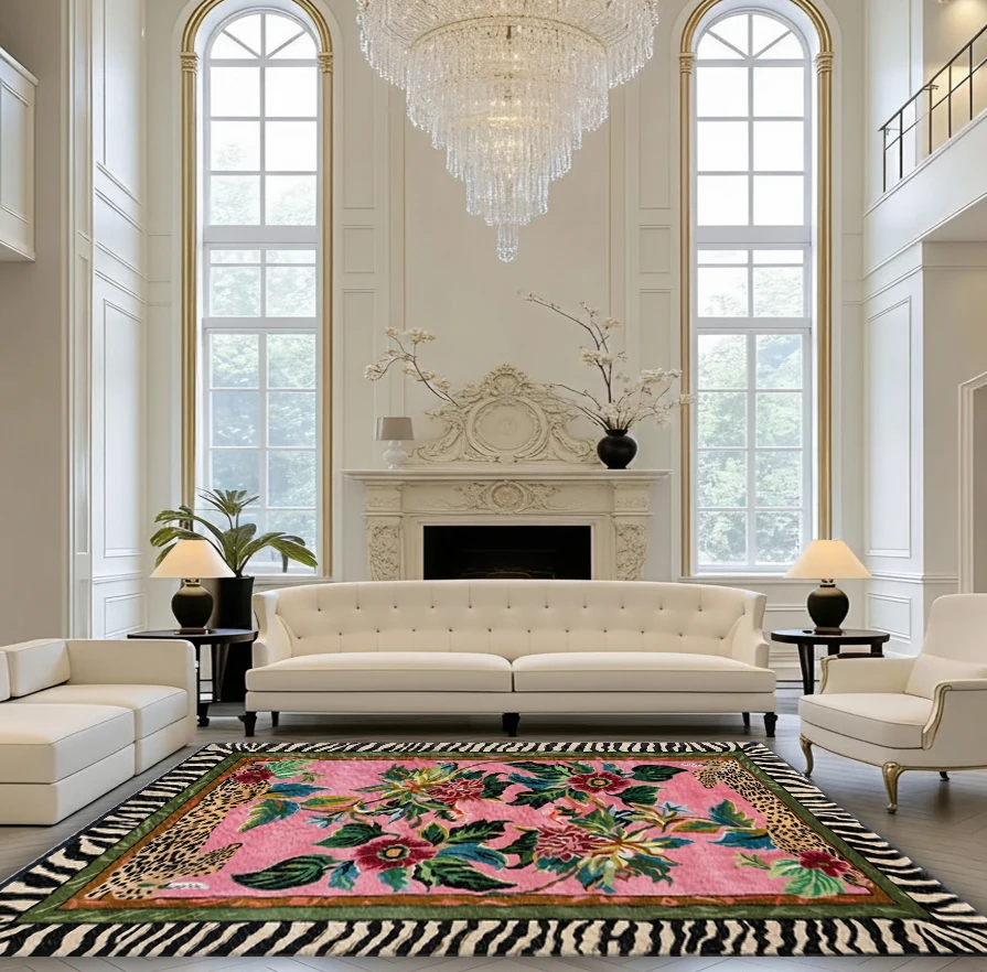Boho Floral Animal Area Rug Pink Zebra Leopard Border Non‑Slip Carpet Floor Mat for Living Room Bedroom Home Decor