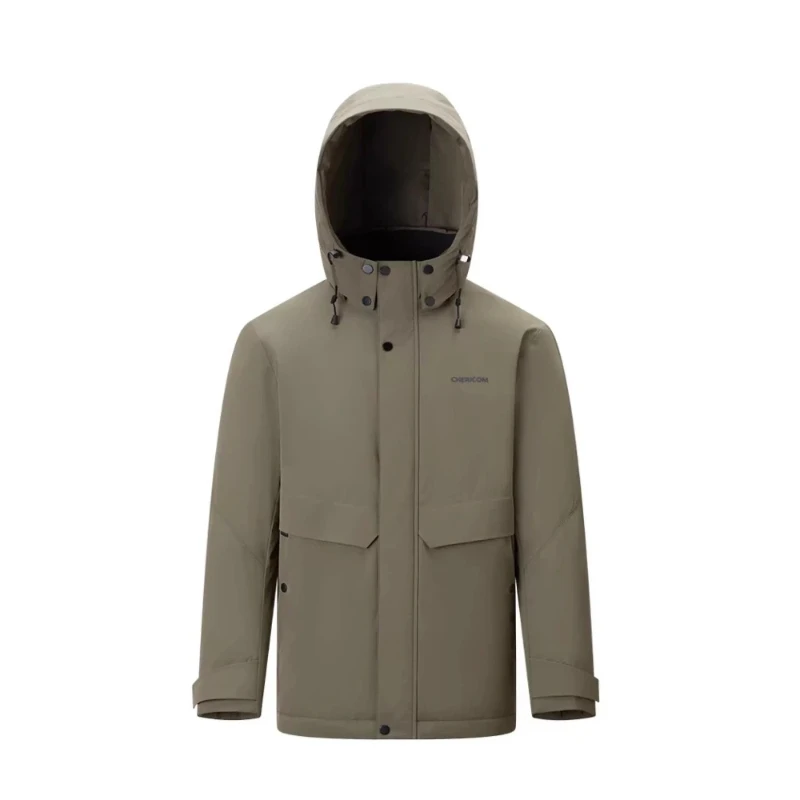 Chericom Men's Winter Detachable Hood Down Jacket with Stand Collar Print Design Slanted Pockets Velcro Cuffs Workwear Y298616Y