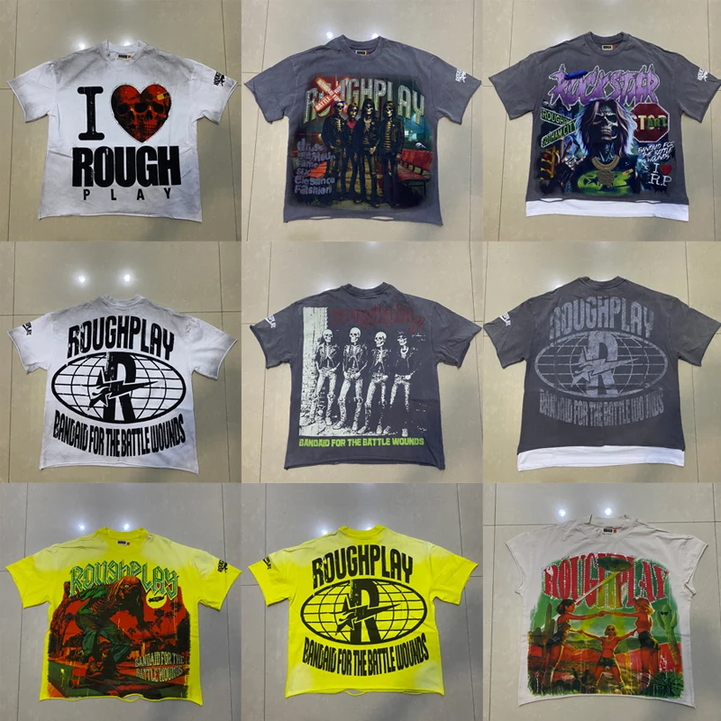 

Мужские футболки с короткими рукавами Rough Play, модная уличная одежда, топы с принтом черепа в нескольких стилях, футболки, настоящая фотография, доставка на один день