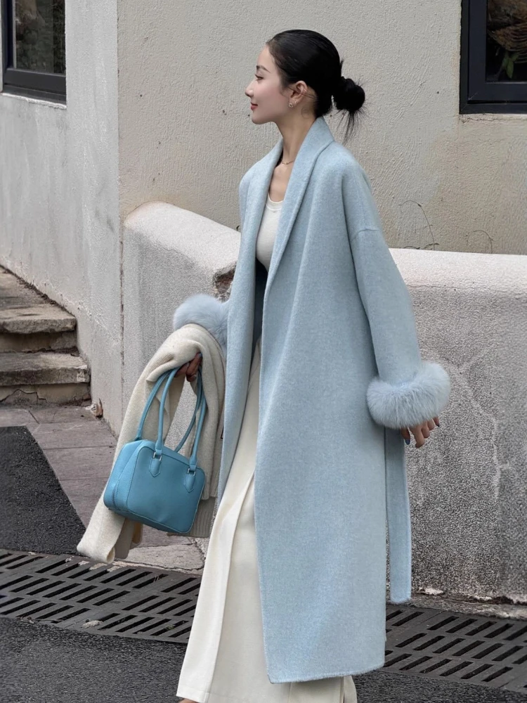 

Шерстяное пальто с рукавами из натурального лисьего меха, женский зимний халат большого размера, элегантная двусторонняя шерстяная куртка, длинное светское утепленное пальто