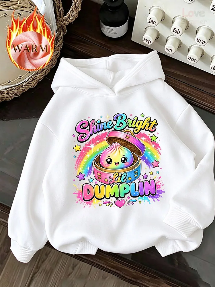 Design Steamed Bun Series Girls' AutumnLined Hooded Sweatshirt SHINE BRIGHT LIL DUMPLING Print Loose Casual Long-Sleeve Hoodie