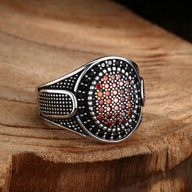 S925 Sterling Silver Charms Rings for Men Women Ethnic Style Pattern Micro Red Black Zircon New Fashion Jewelry