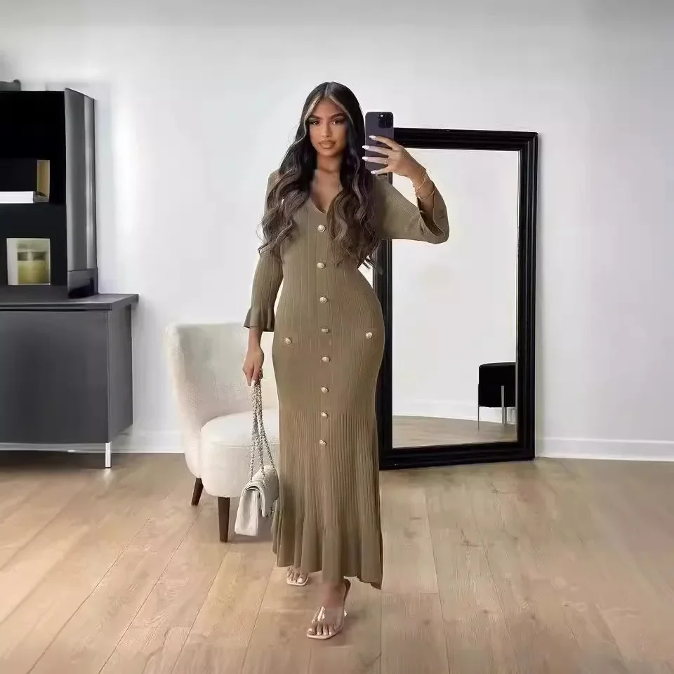 الخريف الشتاء أنيقة زرر محبوك فساتين ماكسي للنساء مثير الخامس الرقبة طويلة الأكمام زر Bodycon فستان الحفلات أبلى