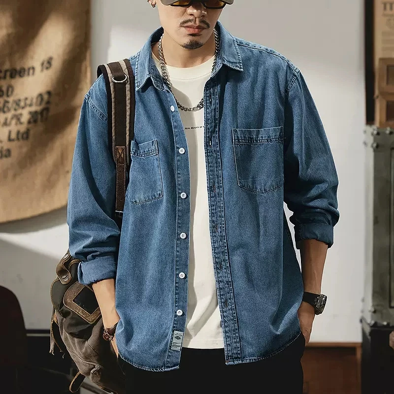 

Heavy Industry Washed Denim Jacket Men's Spring and Autumn New Trendy Brand Handsome Tooling Jacket Loose Retro Denim Shirt