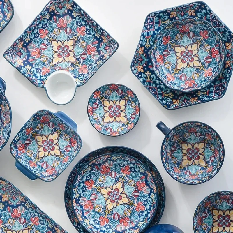 Bohemia Ceramic Rice Bowl Serving Plate Creative Ceramic Cutlery Soup Noodle Bowl Household Handle Bowl Sauce Dish