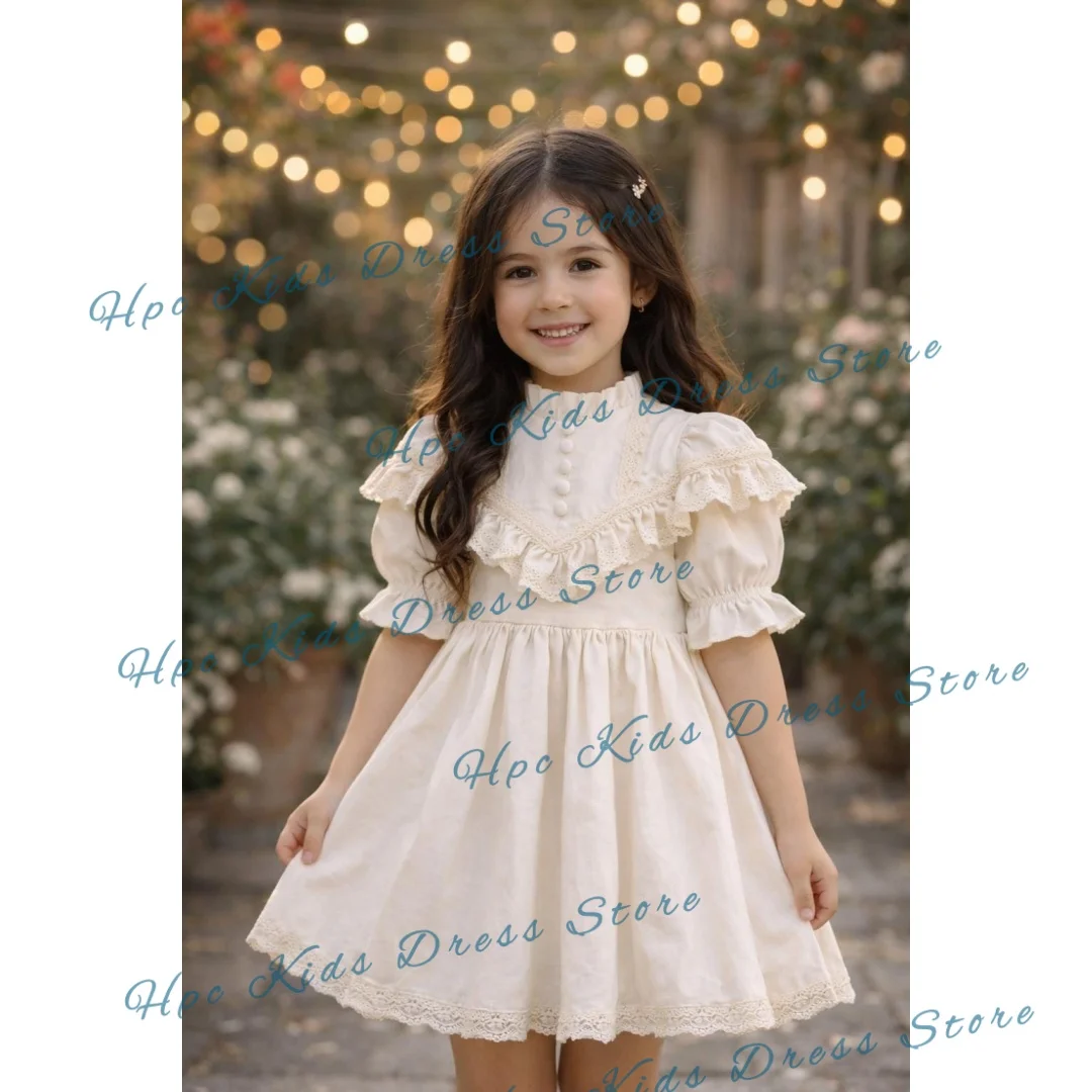 Custom Ivory Lace Flower Girl Dress with Ruffle Puff Sleeves for First Communion Wedding Party