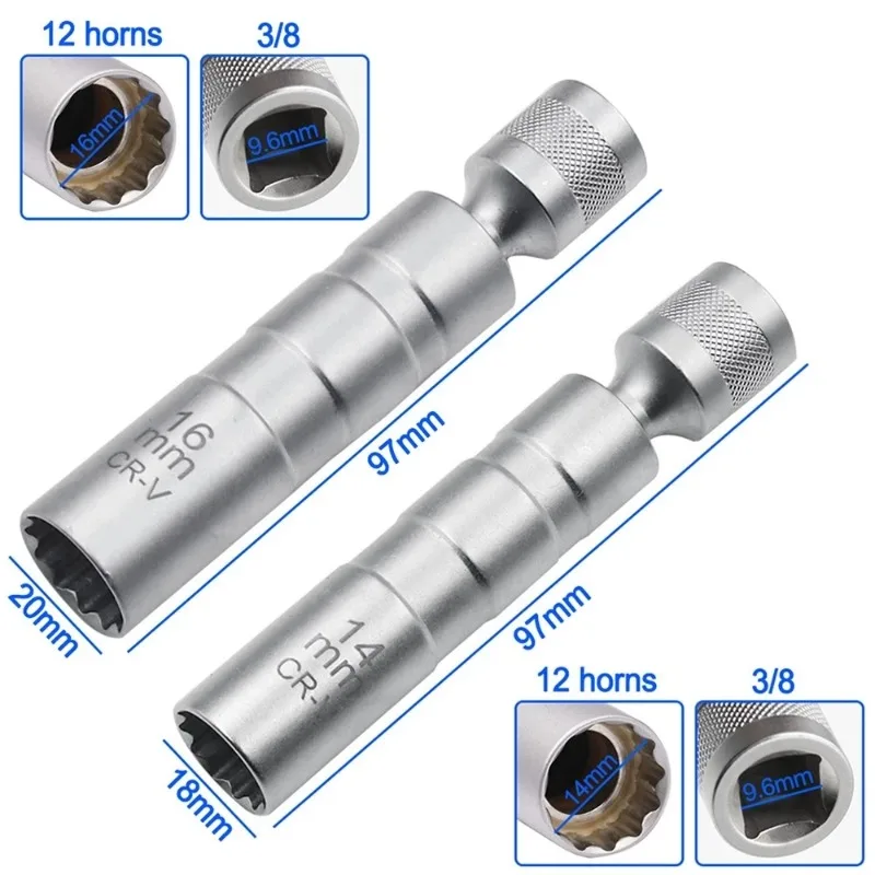 14/16mm Car Spark Plug  Universal Joint Socket Wrench Magnetic12 Angle Spark Plug Removal Tool Thin Wall 3/8\