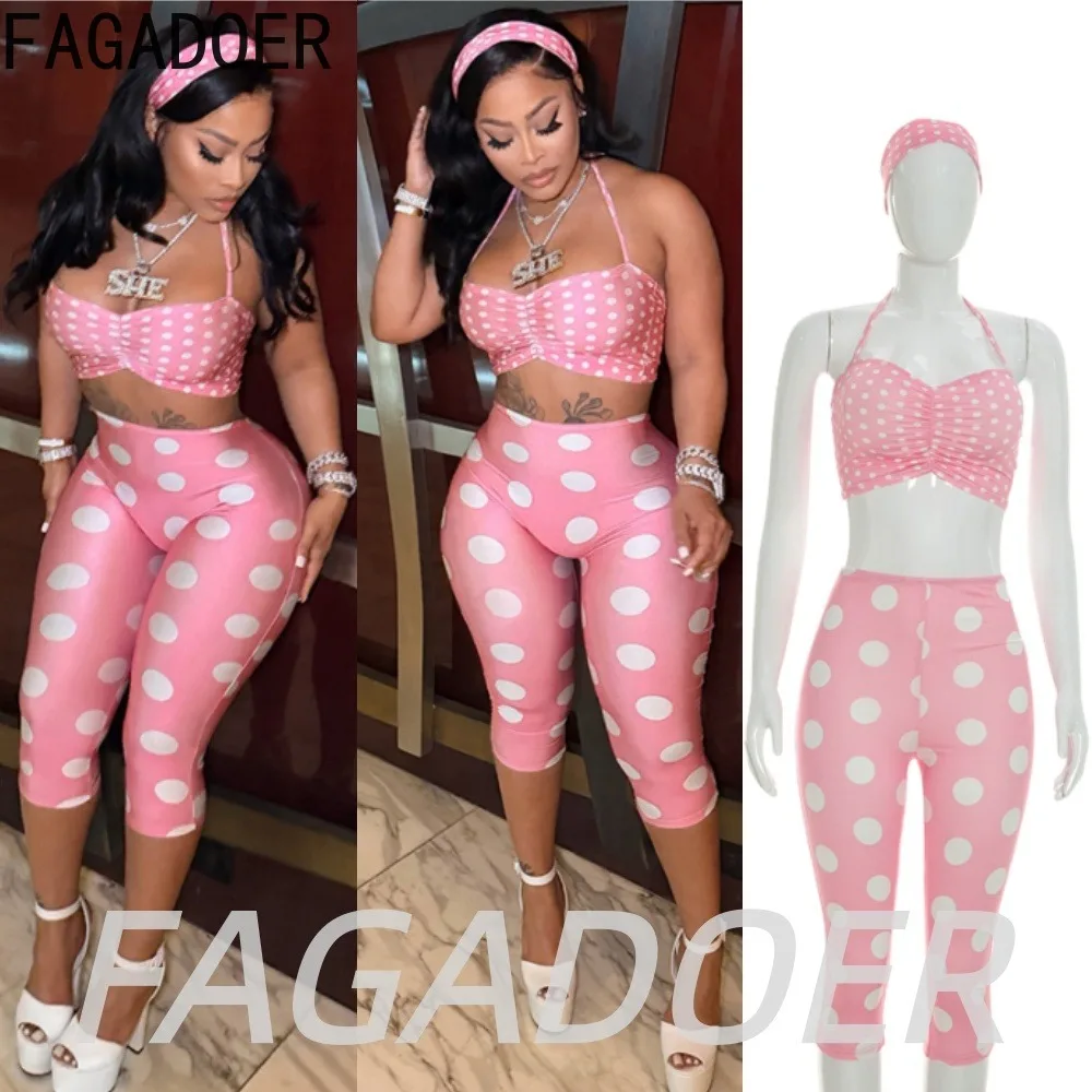 FAGADOER Cute Pink Polka Dot Shorts Two Piece Sets Fashion Lace-up Halter Crop Top and Bodycon Shorts Outfits Summer Sweet Suits