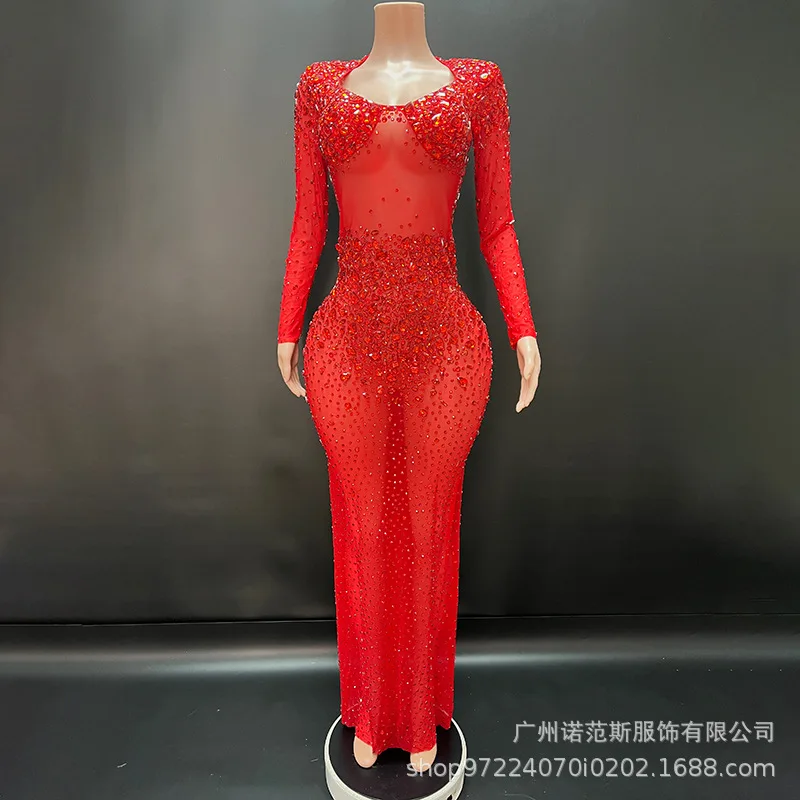 High-end Rose Red Sparkling Diamond Temperament Long Dress Party Women High-end Dress Dragon Fruit Kleider Für Besondere Anlässe