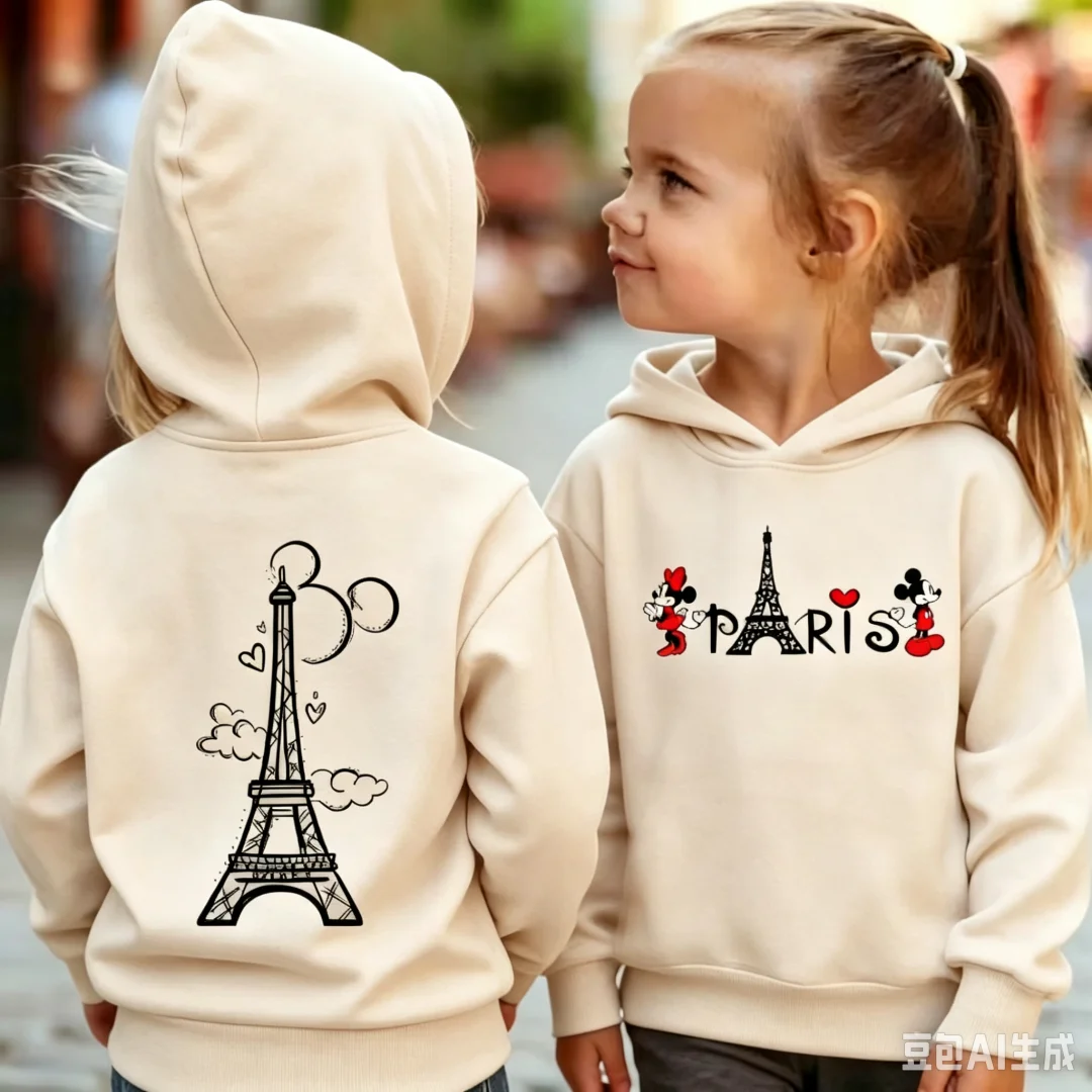 Paris Tower Cartoon Friends Print Kids Hoodie Front and Back Graphic Sweatshirt Boys Girls Casual Long Sleeve Pullover Tops