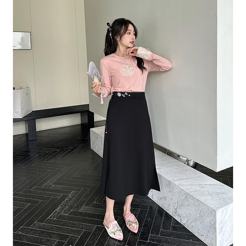 

Новая китайская юбка миди с высокой талией, женская, модный дизайн, А-силуэт, стройнящая, коллекция Весна 2024