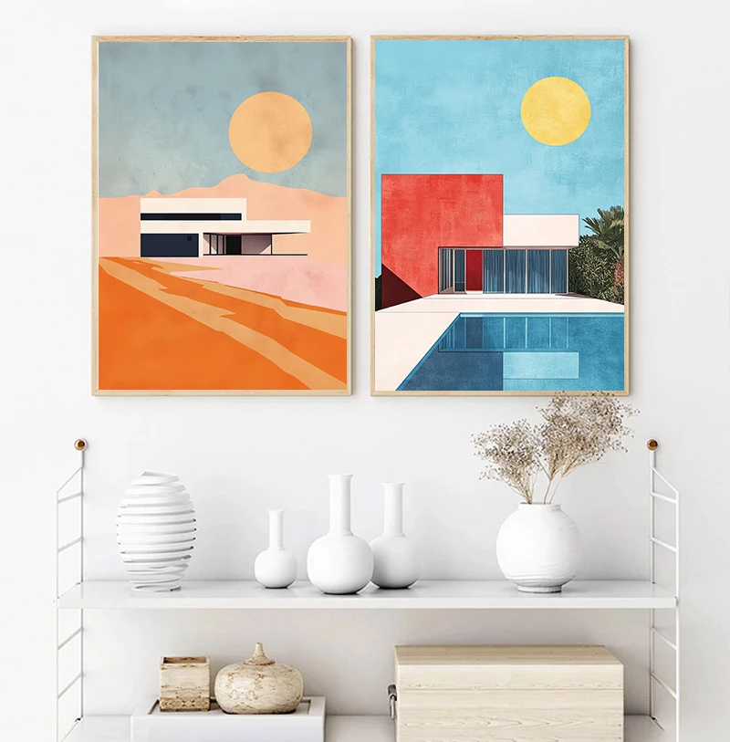 Bauhaus Architecture Poster House Moon Canvas Painting Print Mid Century Modern Geometric Minimalist for Living Room Home Decor