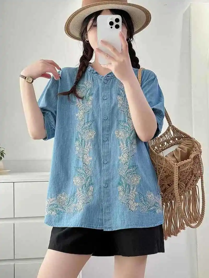 

Mori kei clothing plus size tops vintage stand collar flower embroidery denim shirts and blouses for women summer jean tops