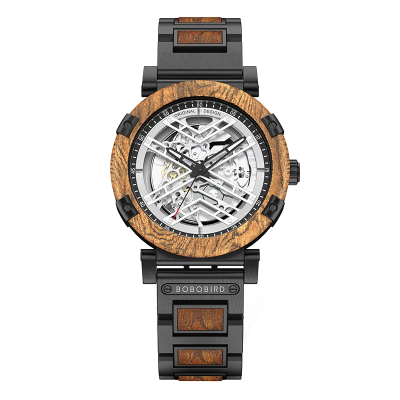 BOBO BIRD New Mechanical Wristwatch for Men 45mm Luxury Skeleton Automatic Watch Wood and Stainless Steel Combined X Series