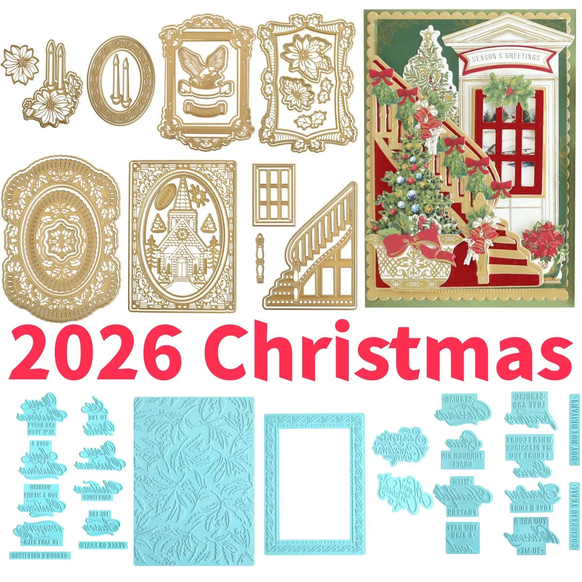 Matrices de découpe en métal 3D Scène de Noël 2026 avec cadre d'église et lumières de bougies, pour dorure à chaud, pour la création de cartes DIY et de scrapbooking