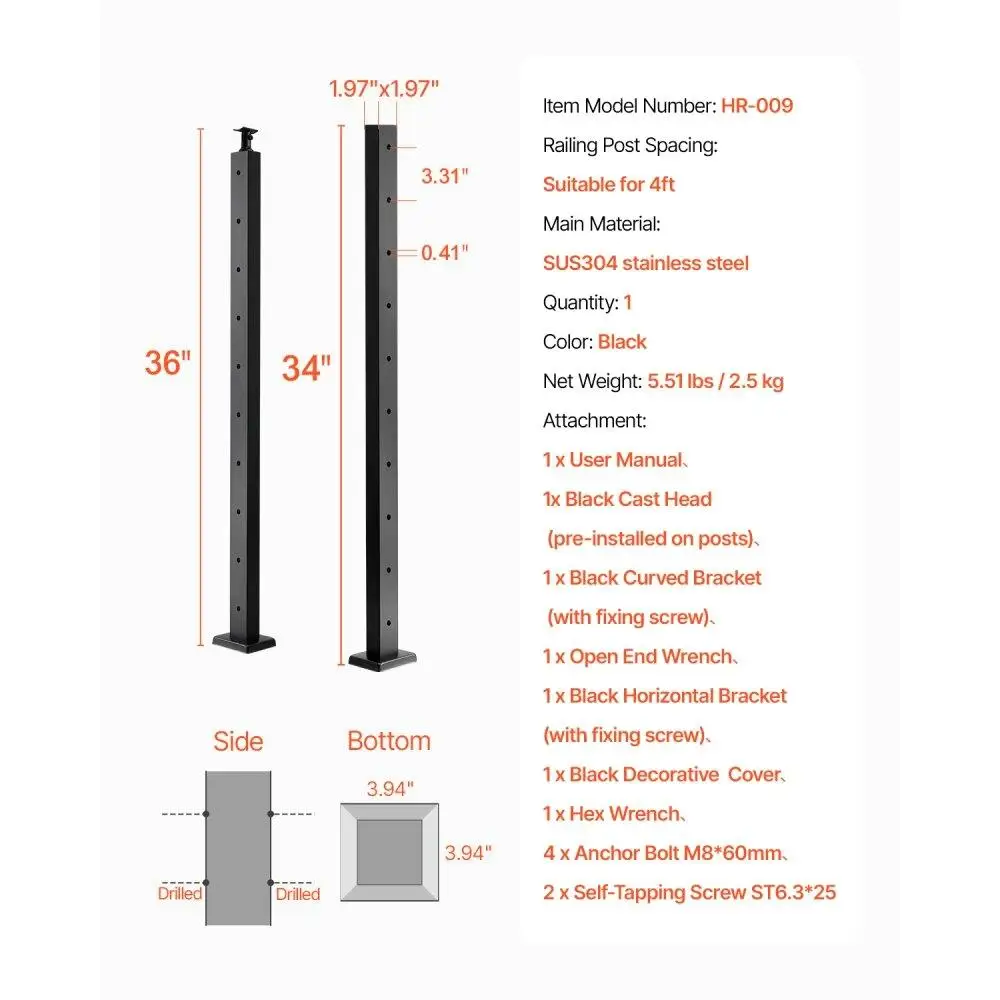 Confezione singola da 36x2x2 pollici per ringhiera per cavi con foro orizzontale nero