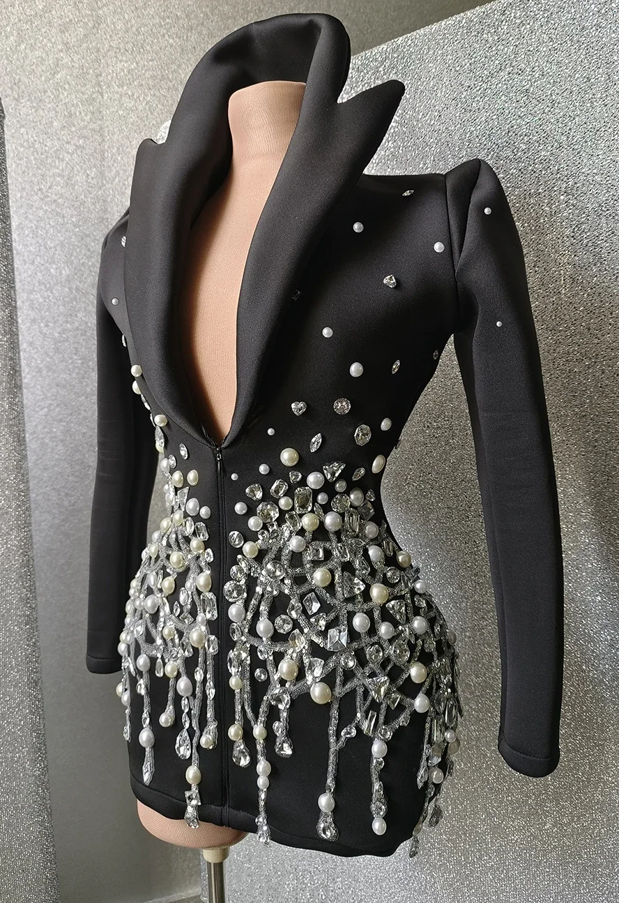 Women's Pearls  Elegant Suits Jackets Rhinestone black short dress mini club bar party birthday performance drag queen costume