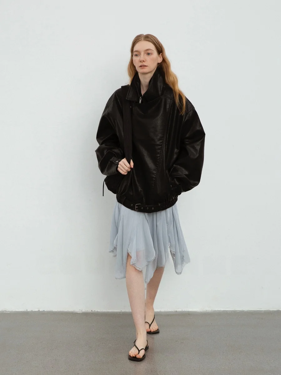 Kurtka damska Countonme jesienno-zimowa ze skóry PU, luźny krój, podwójny kołnierz, zapinana na zamek, ekologiczna.