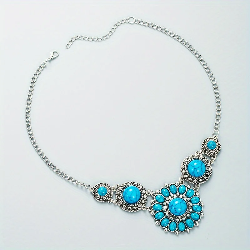 

Bohemian Style Retro Sunflower Blue Turquoise Necklace Retro Ethnic Style Necklace for Women