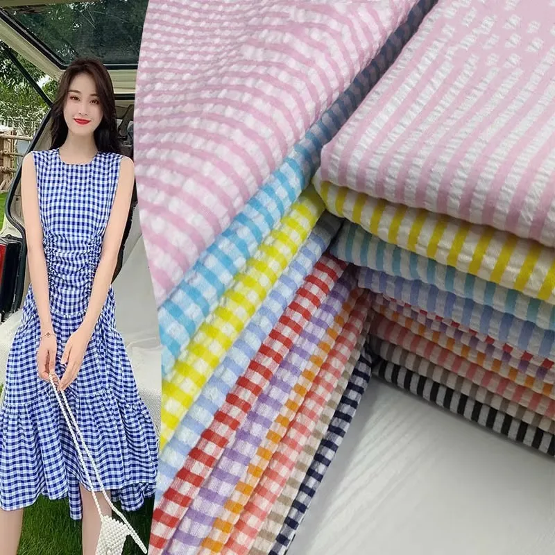 1M Seersucker Plaid Fabric Shirts Skirts Clothes Summer Wholesale Cloth Per Meter Apparel Sewing Diy Cotton Polyester Material