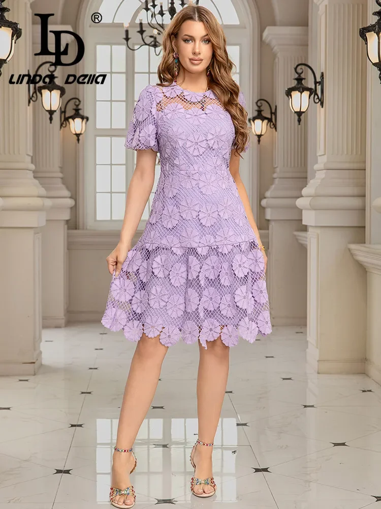 

Новое женское платье LD LINDA DELLA весна-лето в европейском и американском стиле с круглым вырезом, коротким рукавом, кружевными вставками и вырезами на талии