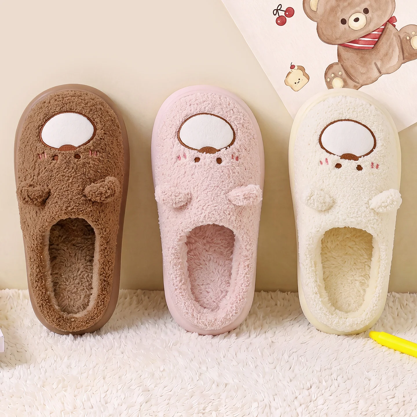 Cute 3D Bear Plush Slippers Women Winter Soft Fluffy Open Toe Slides Thick Platform Non Slip Warm Indoor Home House Shoes
