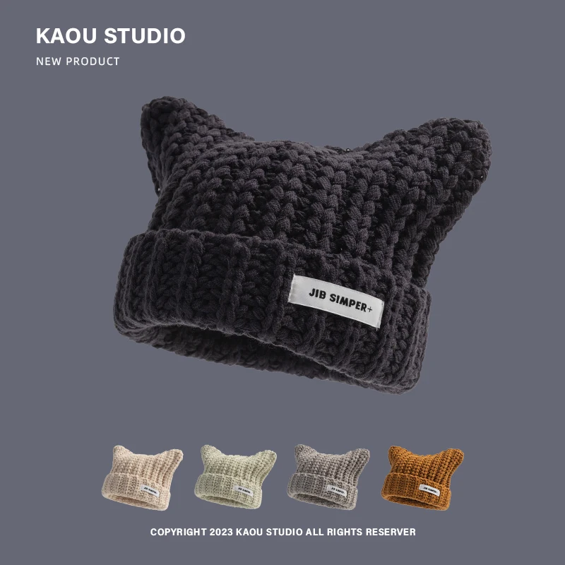 Korean Version of Cute Cat Ear Women's Knitted Hat Outdoor Warmth Ear Protection Cover Skull Beanie Cap for Autumn and Winter