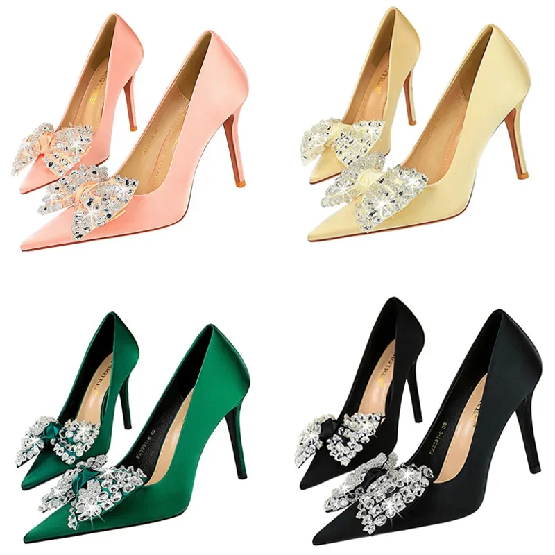 Plus Size Women Fetish 10cm High Heels Scarpins Cinderella Dress Pumps Lady Luxury Crystal Bowknot Green Light Gold Silk Shoes