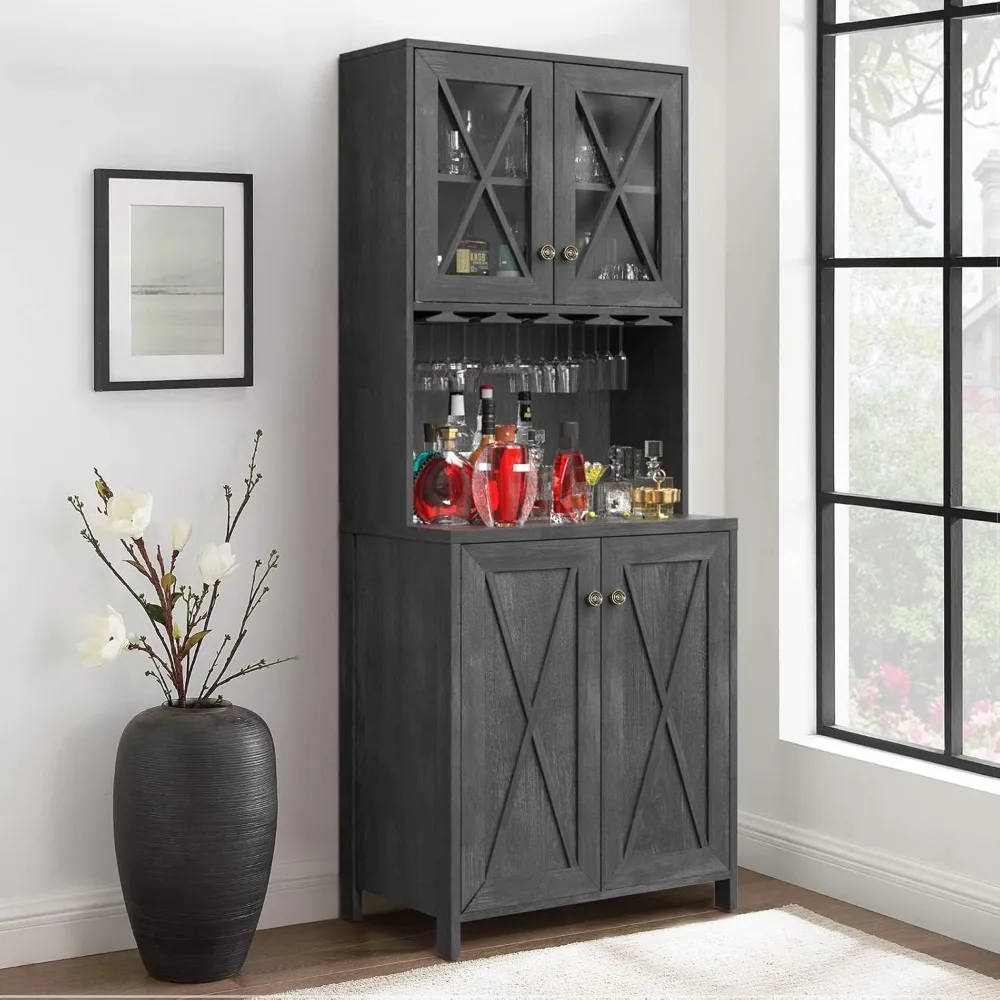 

Farmhouse Bar Cabinet, 67" Tall Wine Bar Cabinet with for Wine Glass Rack, Home Bar Cabinet with Open Storage Shelves ＆ Glass D