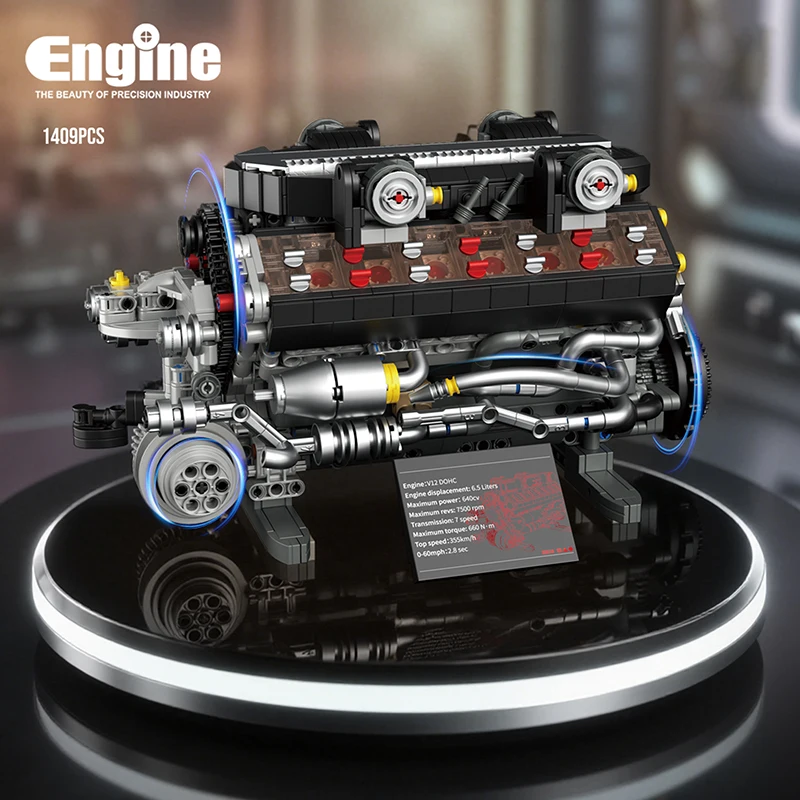 

New 1400+pcs Motorized Simulation V12 Engine Brick Model MOC Technical Building Blocks Toys Holiday Gifts for Kids Adult Boys